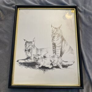 Cat Print Drawing Litho 11x14 Art By Leon Basler Framed Kittens